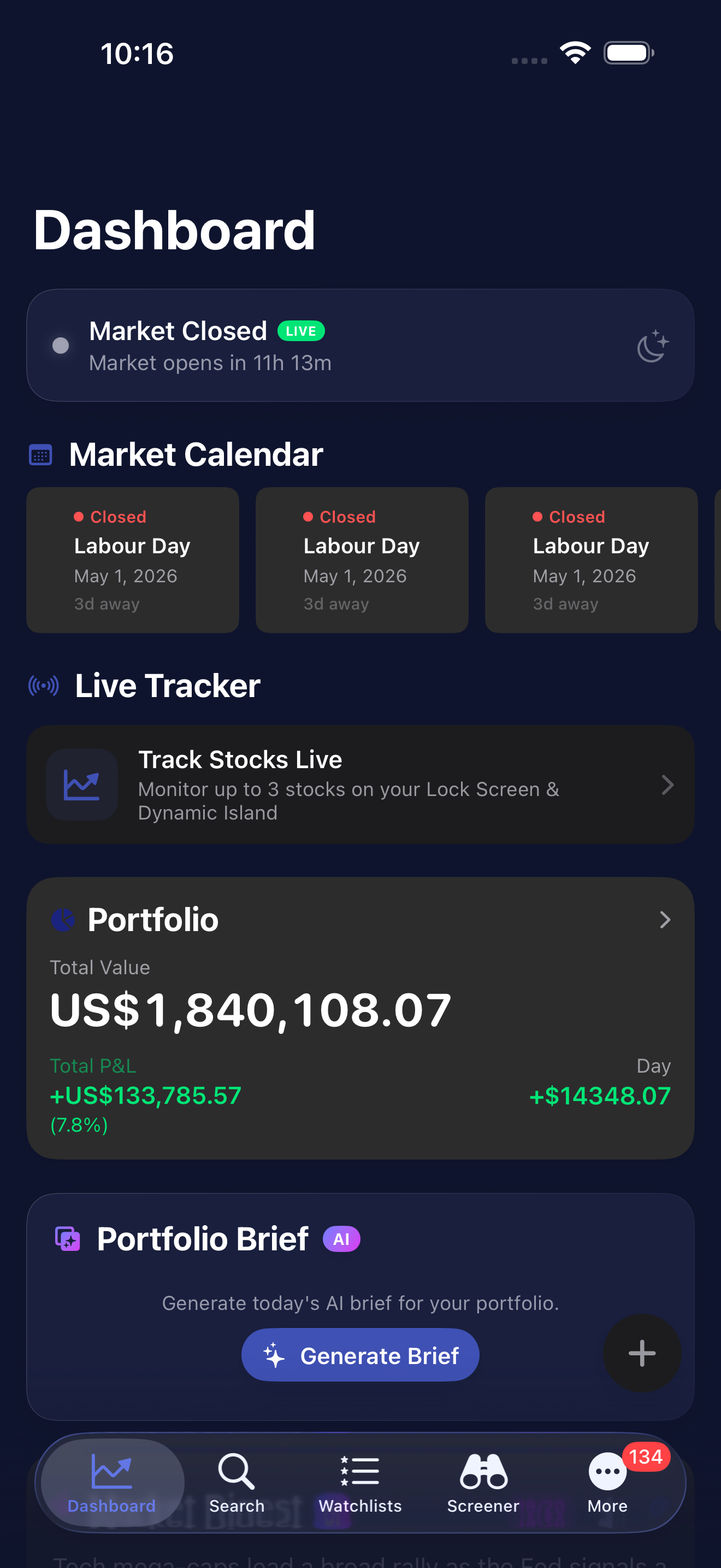 Dashboard with market calendar, live tracker, portfolio value, and AI portfolio brief
